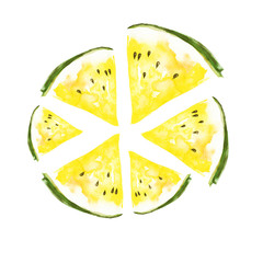 Watercolor watermelon,melon. Watercolor drawing, yellow piece, a slice of watermelon. Vintage illustration, greeting card,logo. Tropical Fruit on a white isolated background. 