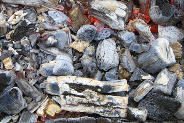 Brightly glowing hot coals with grey ash for barbeсue, natural background or texture