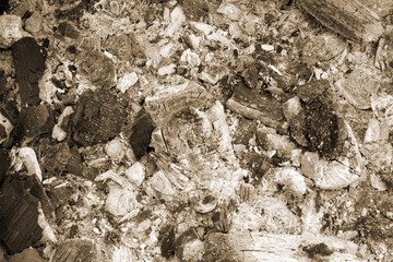 Burnt coals with grey ash after extinguished fire for barbeсue, natural background or texture. Sepia tone