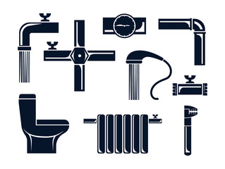 Plumbing vector icons set. Silhouettes isolated on white background