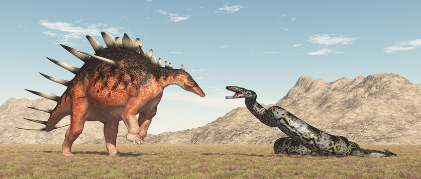 Dinosaurier Kentrosaurus und Riesenschlange Titanoboa