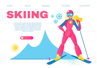 Girl Skiing. Alpine Sport Design Template with Mountain and Snow. Vector illustration