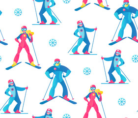 Winter Sport Seamless Pattern. Skiers and Snow.