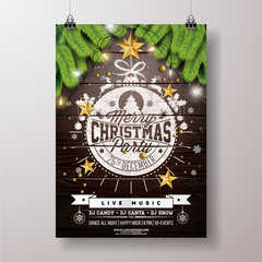 Christmas Party Flyer Illustration with Gold Star and Typography Lettering onVintage Wood Background. Vector Celebration Poster Design Template for Invitation or Banner.