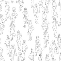 Fototapeta na wymiar Seamless pattern with business people walking. Sketch black and white outline style illustration with men and woman. Casual street fashion vector.