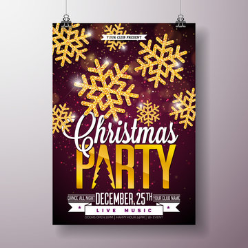 Christmas Party Flyer Illustration with Shiny Gold Snowflakes and Typography Lettering on Dark Background. Vector Holiday Celebration Poster Design Template for Invitation or Banner.