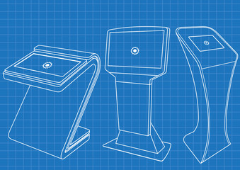 Blueprint of Set of Promotional Interactive Information Kiosk, Advertising Display, Terminal Stand, Touch Screen Display. Mock Up Template.