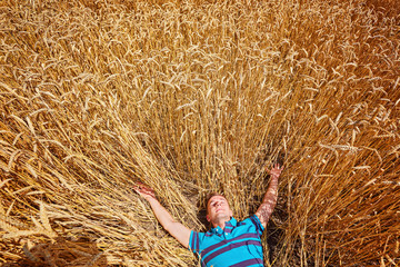 A farmer or hairless hipster lie in field of wheat © Ryzhkov Oleksandr