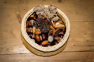 Herbstlaub, Kastanien, Eicheln, Äpfel, Herbst, Spätsommer, Indiensummer 
