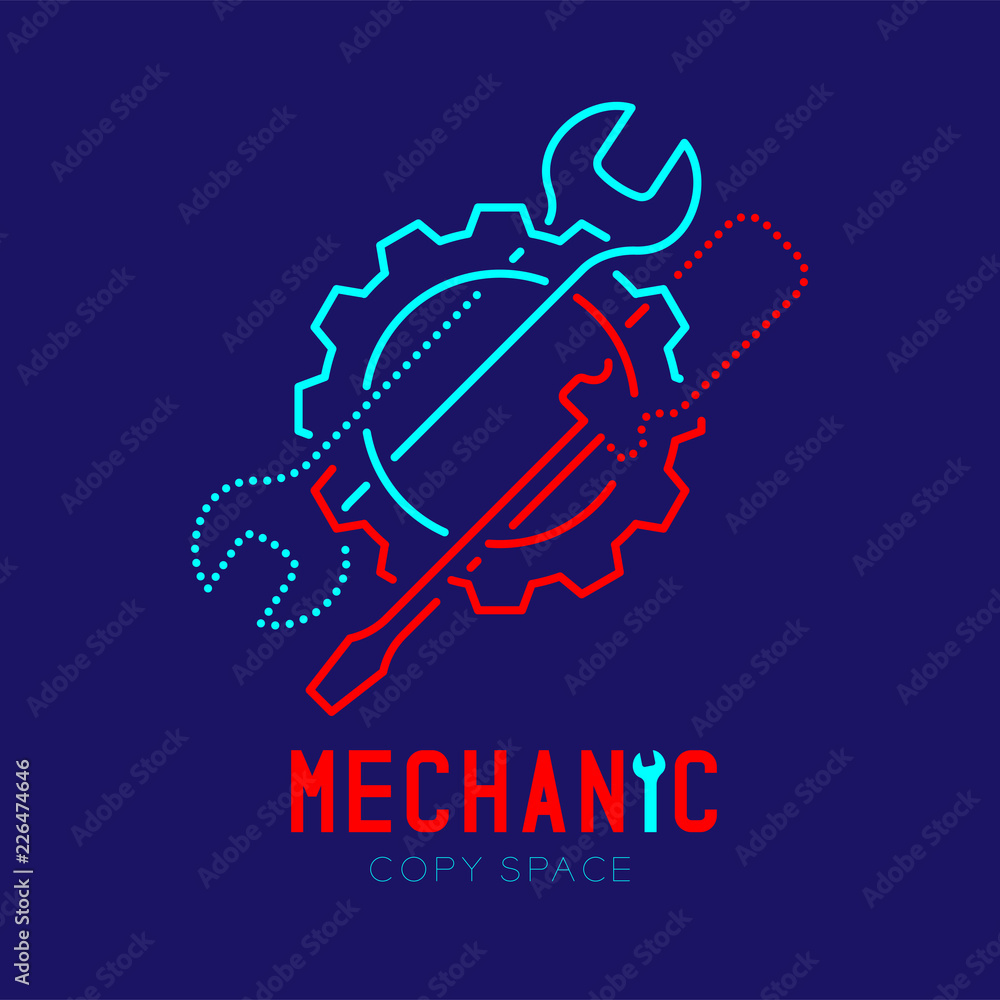 Poster mechanic logo icon, wrench and screwdriver in gear frame outline stroke set dash line design illustr