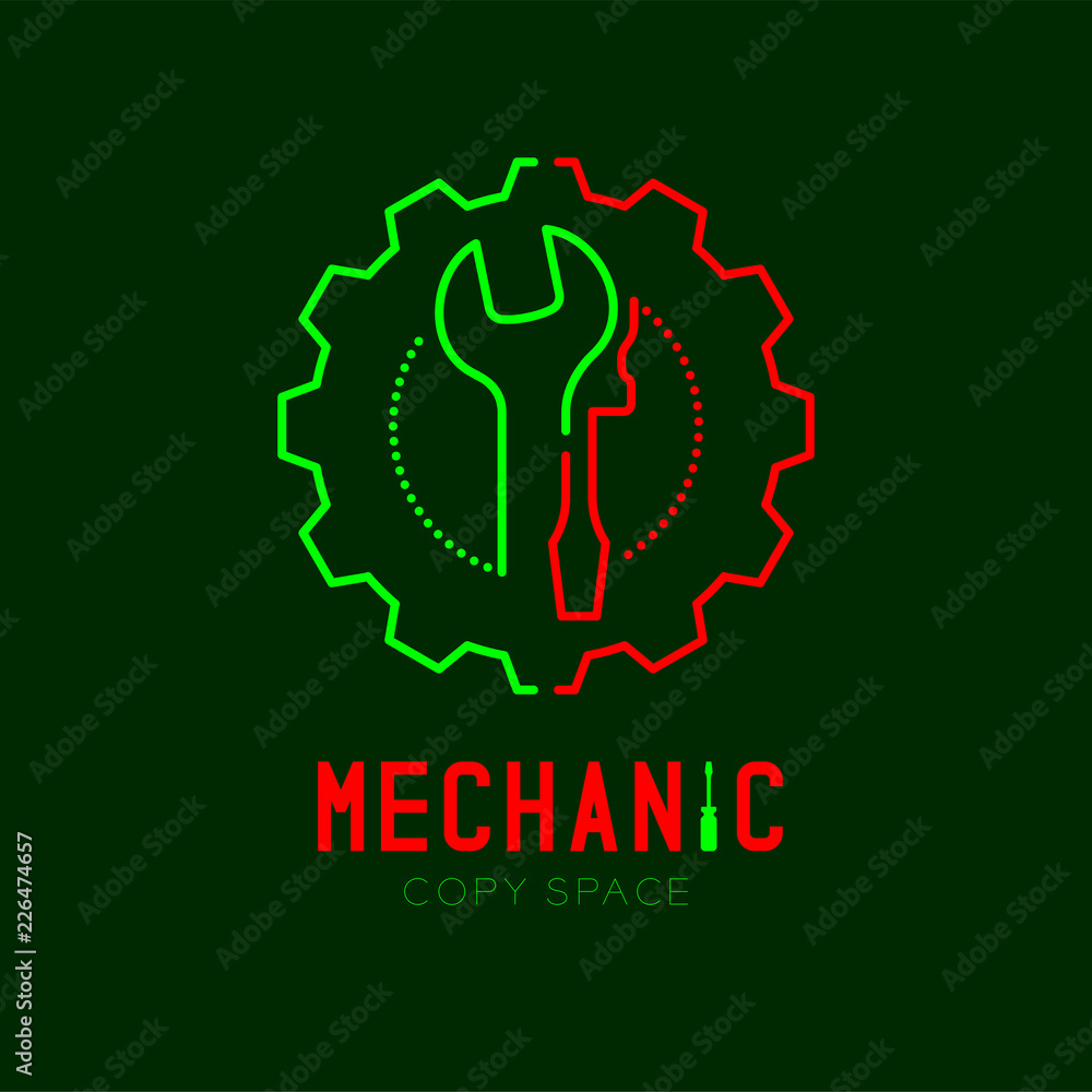 Poster mechanic logo icon, wrench and screwdriver in gear frame outline stroke set dash line design illustr