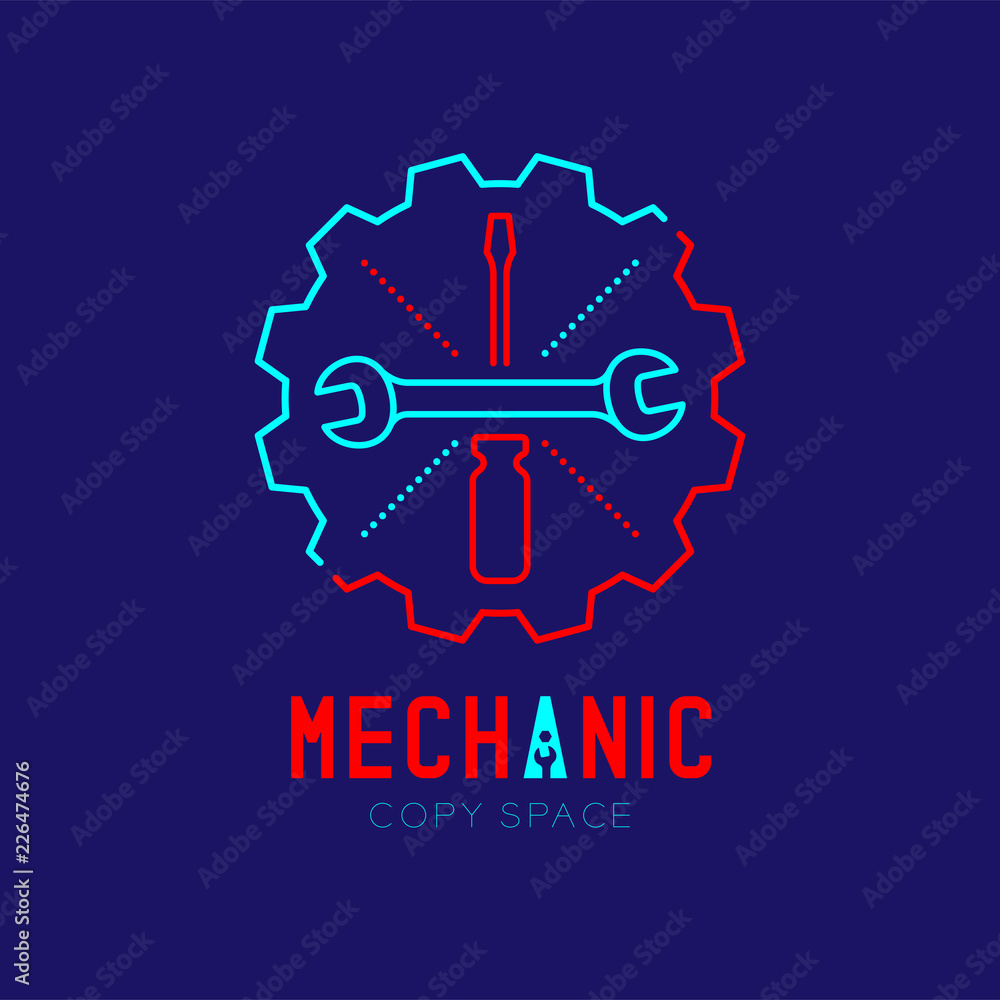 Poster mechanic logo icon, wrench and screwdriver in gear frame outline stroke set dash line design illustr