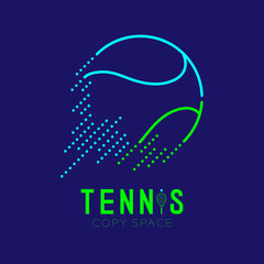 Tennis ball rushing logo icon outline stroke set dash line design illustration isolated on dark blue background with Tennis text and copy space, vector eps 10 - 226474684