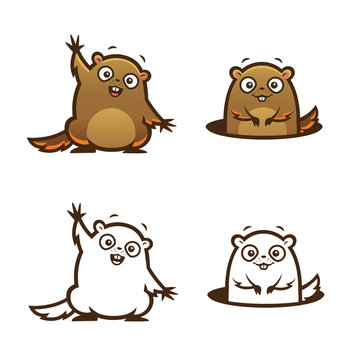 vector cartoon style groundhog colorful and outline illustration set