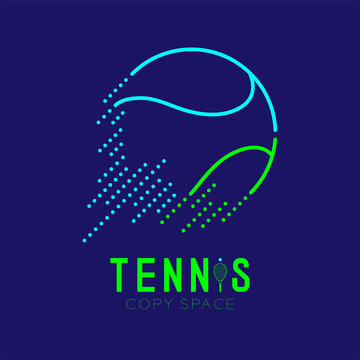 Tennis Ball Rushing Logo Icon Outline Stroke Set Dash Line Design Illustration Isolated On Dark Blue Background With Tennis Text And Copy Space, Vector Eps 10