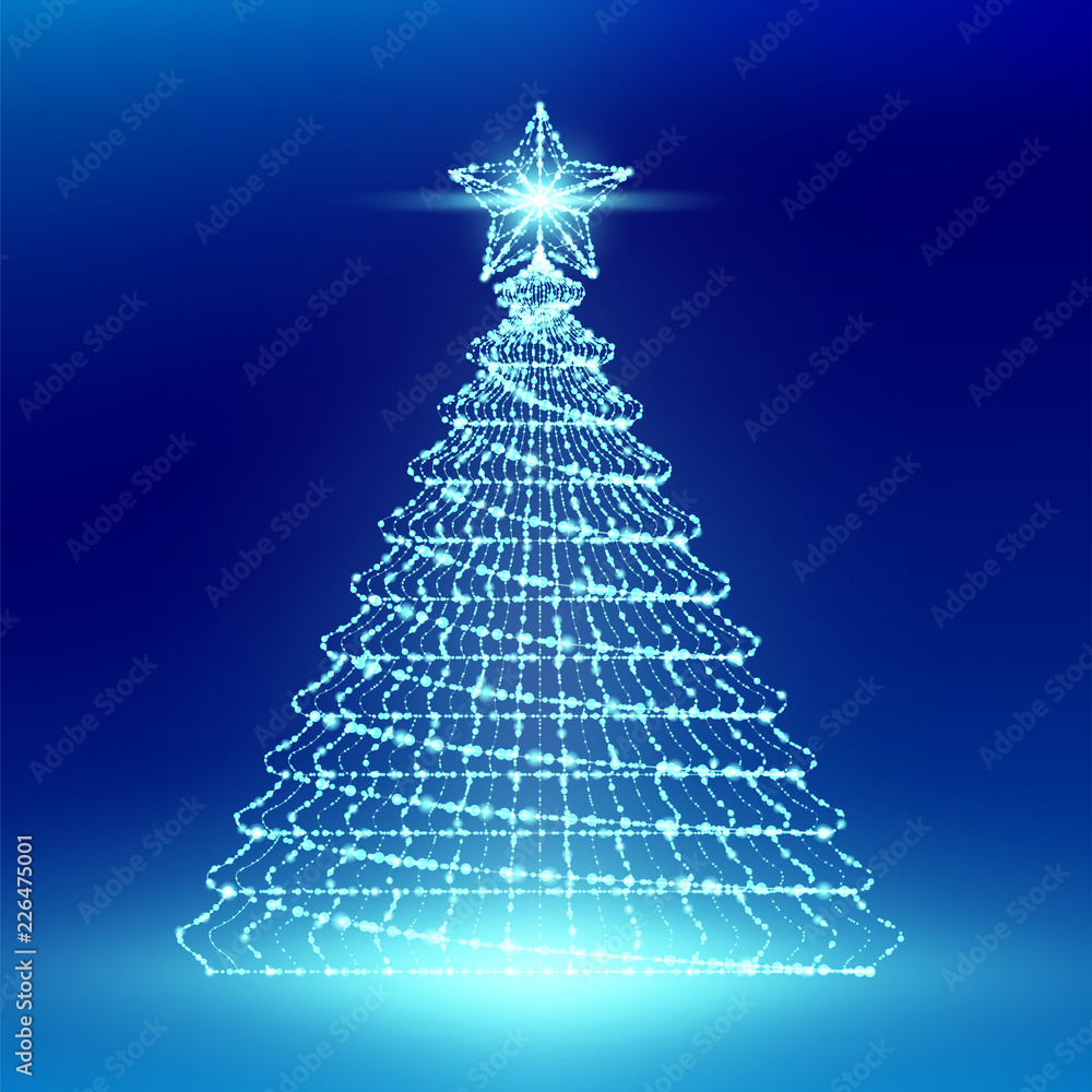 Aufkleber christmas tree with star wireframe polygon bokeh light frame structure and lens flare, technology co