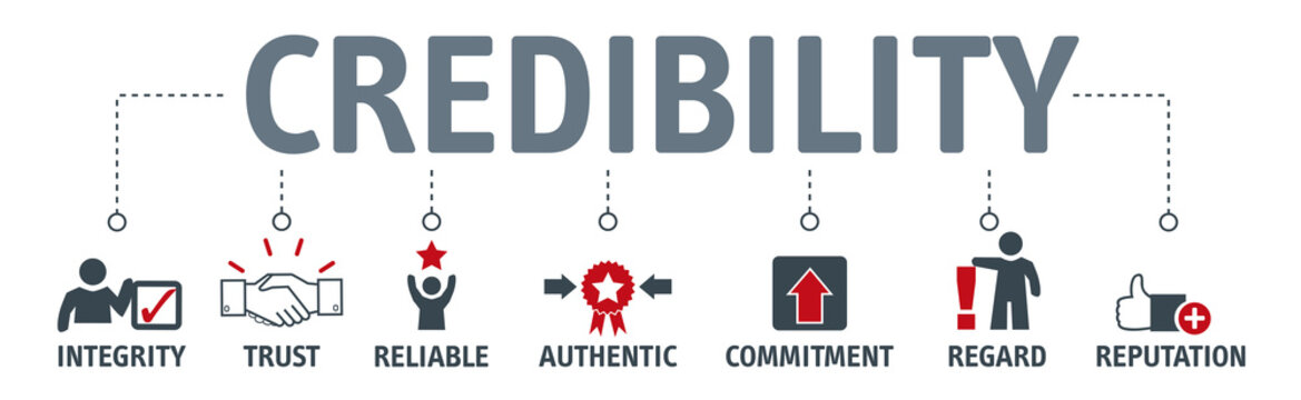 credibility building concept. Banner with keywords and vector illustration icons
