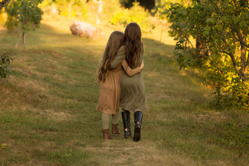 Fototapeta premium two girls, teenagers, go on the green grass, embracing. back view.