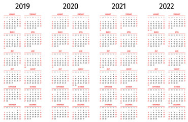 Simple calendar 2019, 2020, 2021, 2022. Simple editable vector calendar 2019, 2020, 2021, 2022 sunday first. Week starts on sunday.
