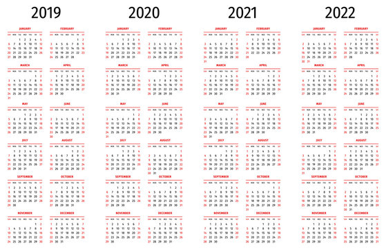 Simple calendar 2019, 2020, 2021, 2022. Simple editable vector calendar 2019, 2020, 2021, 2022 sunday first. Week starts on sunday.