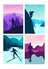 set vector background with polygonal landscape illustration with athletes. winter sports. flat design. vector illustration. snowboard, cross-country skiing, skater, downhill skiing