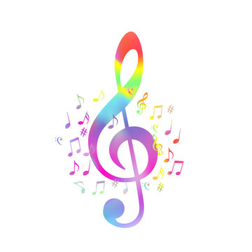 Colorful G-clef with music notes vector illustration design. Abstract musical background, artistic poster with g-clef