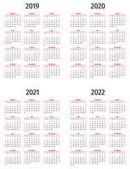 Simple calendar 2019, 2020, 2021, 2022. Simple editable vector calendar 2019, 2020, 2021, 2022 sunday first. Week starts on sunday.