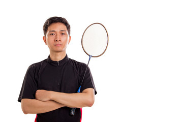 Badminton player arms crossed pose isolated