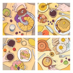 Bundle of top views of served breakfast meals, delicious food, sweet desserts and hands of people eating it. Morning scenes at restaurant or cafe. Colorful hand drawn decorative vector illustration.