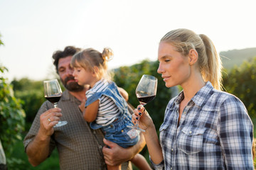 Wine grower family in vineyard before harvesting