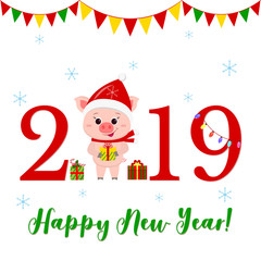 Happy New Year and Merry Christmas greeting card. A cute pig in Santa s hat and scarf is holding a box with a gift. Symbol of the new year in the Chinese calendar. 2019. Vector