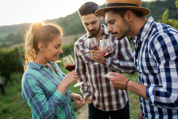 People tasting wine in vineyard