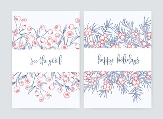 Naklejka na ściany i meble Bundle of flyer or postcard templates with forest cranberries and juniper branches with berries hand drawn with contour lines on white background and holiday wish. Monochrome vector illustration.