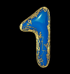 Number one 1 made of golden shining metallic with blue paint isolated on black 3d
