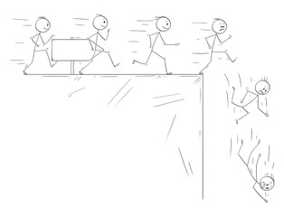 Cartoon stick drawing conceptual illustration of people following they dreams and disillusion when they finally meet the reality. Metaphorical illustration of line of enthusiastic men running and