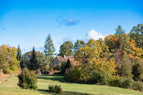 Catholic baroque church in Swieta Lipka (Heiligelinde), Masuria, Poland. Autumn colors.