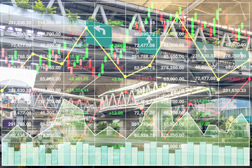 Stock financial index of successful investment on transportation business with chart and graph on superhighway intersection background at Bangkok Thailand.