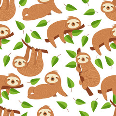 Cute baby sloth bear. Tropical bedroom vector seamless pattern. Illustration of sloth lazy endless background © MicroOne