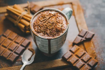Fotobehang Tasty hot chocolate drink in mugs © nerudol