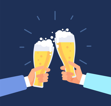 Beer manly background. Men toasting, hands clink beer glasses. Octoberfest vector concept. Glass mug with beer, goblet toasting beverage