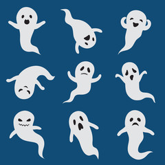 Scary ghosts. Cute halloween ghost. White silhouette vector boohoo ghostly characters isolated. Cartoon ghost halloween, scary silhouette ghostly illustration