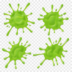 Green slime. Realistic dirt splat, goo dripping splodges of slime. Isolated vector set. Illustration of blot splash, splatter toxic slime