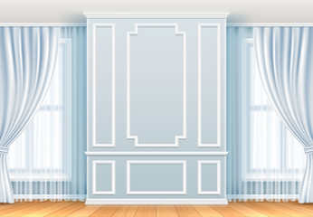 Classic interior. White wall with moulding frames and window. Home room vintage vector decoration. Interior molding wall elegance background illustration - obrazy, fototapety, plakaty