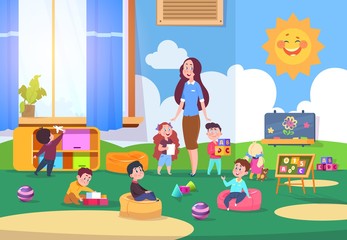 Kids playing kindergarten class. Cute children learning in classroom with teacher. Kinders preparing to school. Vector illustration. Kindergarten room, child education, teacher character female