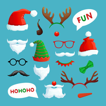 Christmas photo booth. Santa hats, mustache, beard and reindeer antlers xmas props vector collection. Santa hat and xmas booth reindeer antlers and mustache claus illustration