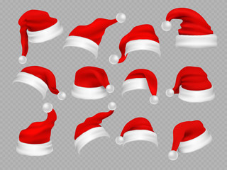 Big set of realistic Santa Hats isolated on transparent background. Vector santa claus hat colllection, holiday cap to xmas illustration