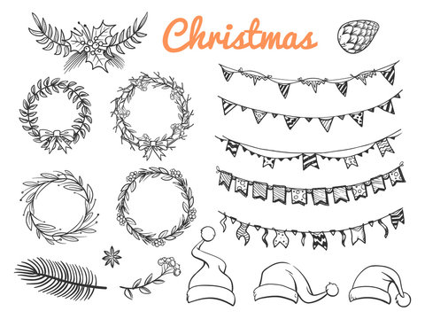 Big sketch Christmas symbols vector elements isolated on white background. Illustration of sketch christmas holiday, xmas celebration