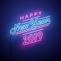 New year 2019 neon sign. Vector background. 