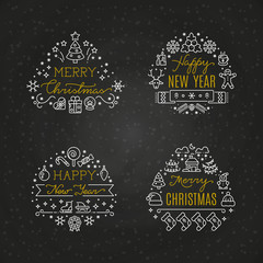 Christmas holiday decorative vector emblems with winter festive xmas line icons and greeting text on chalkboard. Illustration of new year emblem, holiday line xmas