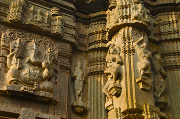 Fototapeta na wymiar Carved idol of Lord Ganesha and Carvings, Kopeshwar Temple, Khidrapur, kolhapur, Maharashtra India